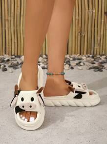 Women's Fashionable Home Slippers With Cartoon Cow Design, Interesting Slippers - Beige - View 3