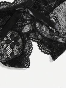 Lencería de encaje floral con moño frontal y braga sin entrepierna - Negro - Ver 6