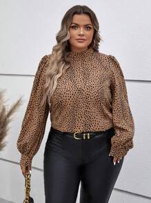 SHEIN Clasi Plus Dalmatian Print Mock Neck Lantern Sleeve Blouse - Khaki - View 4