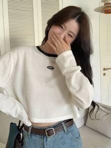 DAZY 拼接邊貼布細節落肩袖上衣 - 米色 - 查看 3