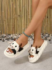 Women's Fashionable Home Slippers With Cartoon Cow Design, Interesting Slippers - Beige - View 2