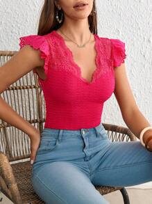 SHEIN VCAY Camiseta con encaje en contraste schiffy ribete con fruncido con textura - Rosa Fucsia - Ver 1