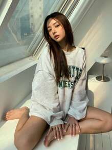 DAZY Letter Graphic Drop Shoulder Sweatshirt,Long Sleeve Tops,Fall Clothes - Grey - View 8