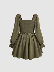 SHEIN MOD 印花前繫帶喇叭袖連衣裙 - 軍綠色 - 查看 2