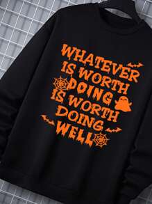 Manfinity Homme Men Halloween Bat & Slogan Graphic Sweatshirt - Black - View 4