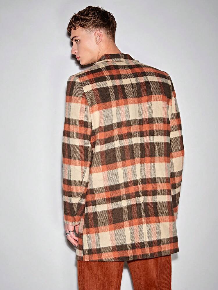 Loose Fit Men's Plaid Double-Breasted Overcoat