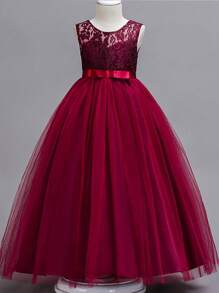 大女童婚紗長款蓬鬆薄紗裙蕾絲公主舞會禮服 - 酒紅色 - 查看 1