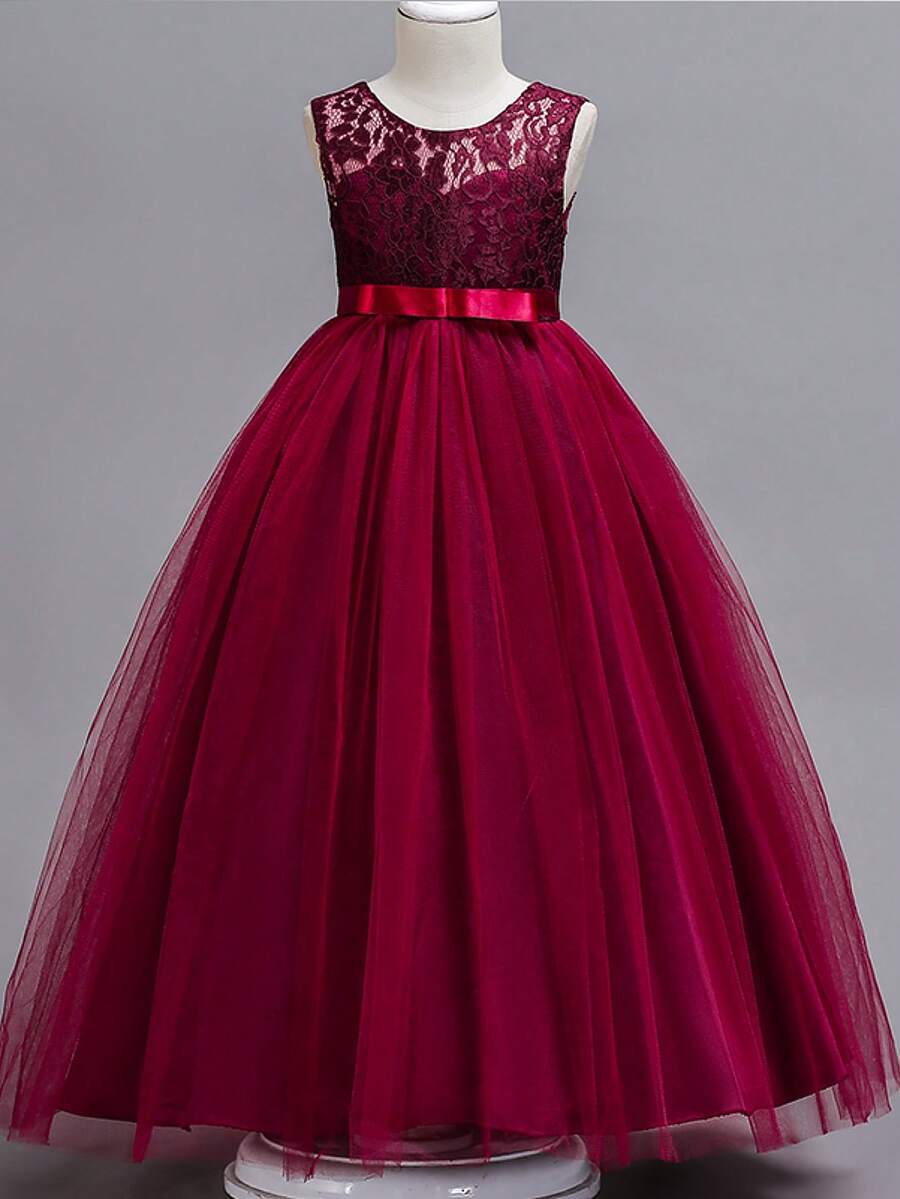 大女童婚紗長款蓬鬆薄紗裙蕾絲公主舞會禮服 - 酒紅色 - 查看 1