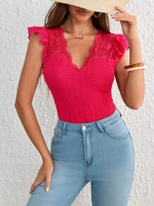 SHEIN VCAY Camiseta con encaje en contraste schiffy ribete con fruncido con textura - Rosa Fucsia - Ver 4