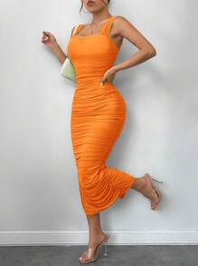 SHEIN SXY Solid Ruched Split Thigh Dress - Orange - View 3