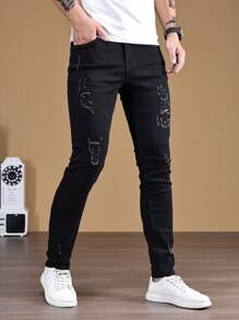 Manfinity Homme Men Ripped Frayed Skinny Jeans, Men Black Jeans, Men Distressed Jeans, Men Skinny Jeans - Black - View 3
