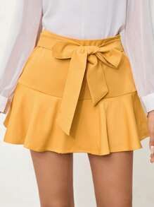 SHEIN Frenchy Chất rắn Xù Hoa Sen Tie Trước Váy - Màu vàng - Xem 1