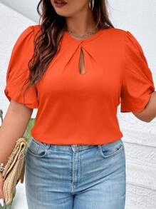 SHEIN Clasi Plus Size Round Neck Front Twist Cutout Short Sleeve Soft Knit Casual Tee, Suitable For Everyday Wear - Orange - View 6