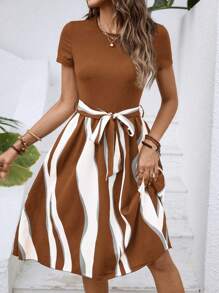 INAWLY Colorblock Belted Dress - Brown - View 5