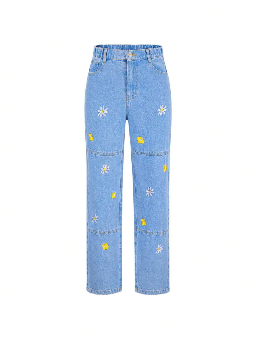 Teen Girl Floral Embroidery Straight Leg Jeans - Light Wash - View 1