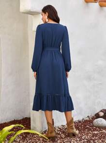 Bohemela Ruffle Trim Ruffle Hem Dress - Blue - View 2