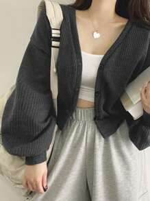 DAZY 纯色落肩罗纹针织纽扣前T恤长袖女式上衣短款女式上衣 - 深灰色 - 查看 3