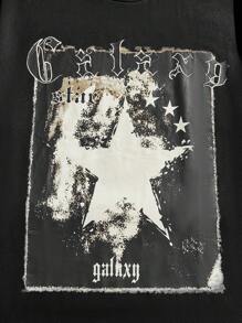 ROMWE MEN Street Life 男士字母与星星图案 T 恤，学校 - 黑色 - 查看 4