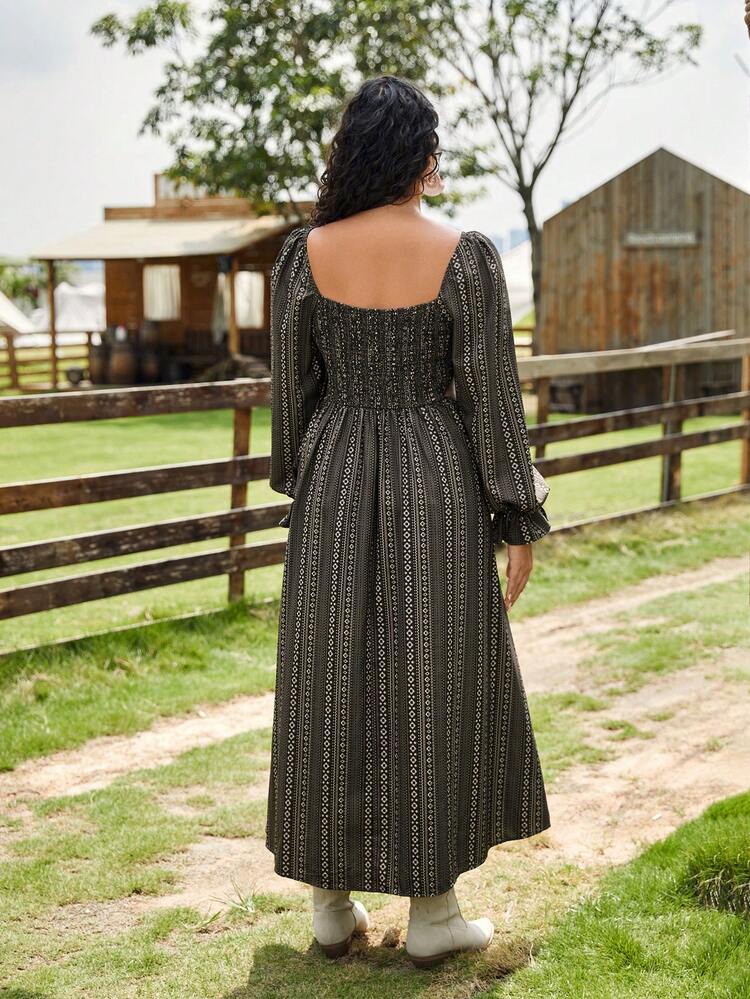 Plus Geo & Striped Print Square Neck Flare Sleeve Split Thigh Dress