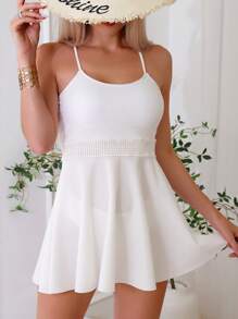 Contrast Mesh Criss Cross Tankini - White - View 8