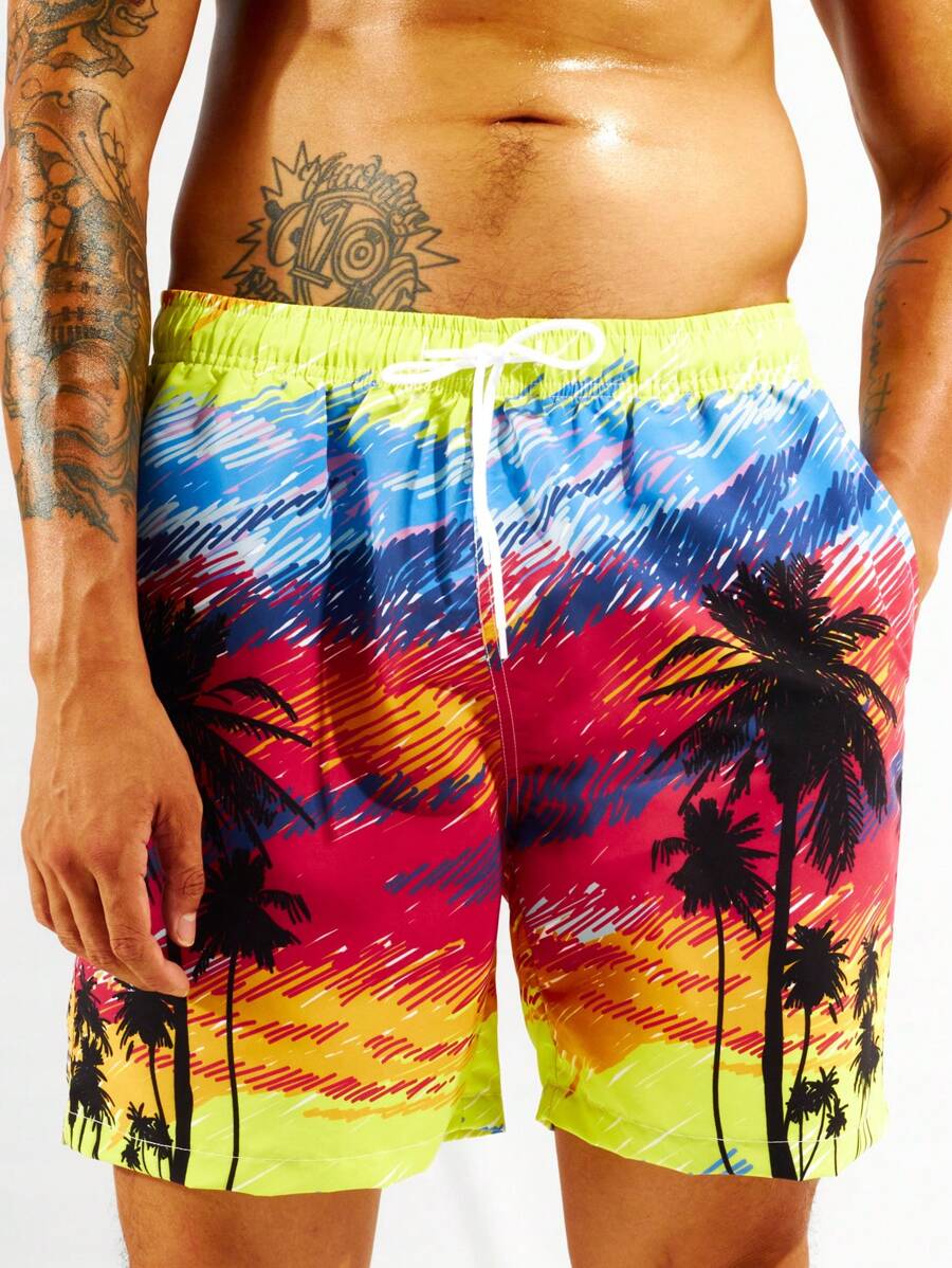 Surfspeed 男士椰子樹圖案腰部抽繩泳褲 - 彩色 - 查看 1