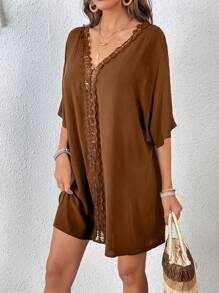 SHEIN VCAY Guipure Lace Panel Batwing Sleeve Cover Up Dress - Coffee Brown - View 4
