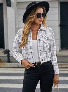 SHEIN Clasi Plaid Pattern Flap Pocket Drop Shoulder Jacket - White - View 6