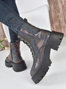 女款時尚閃亮機車靴,女款厚底靴英式風格萬用閃亮圓頭時尚靴子適用於秋冬 - 彩色 - 查看 3