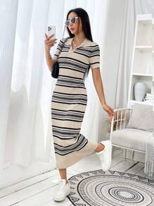 SHEIN EZwear 條紋圖案條紋針織毛衣洋裝 - 米色 - 查看 6