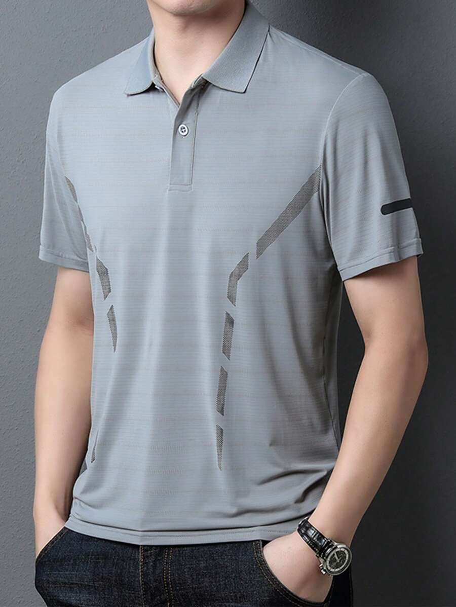 Men Striped Print Polo Shirt - Grey - View 1