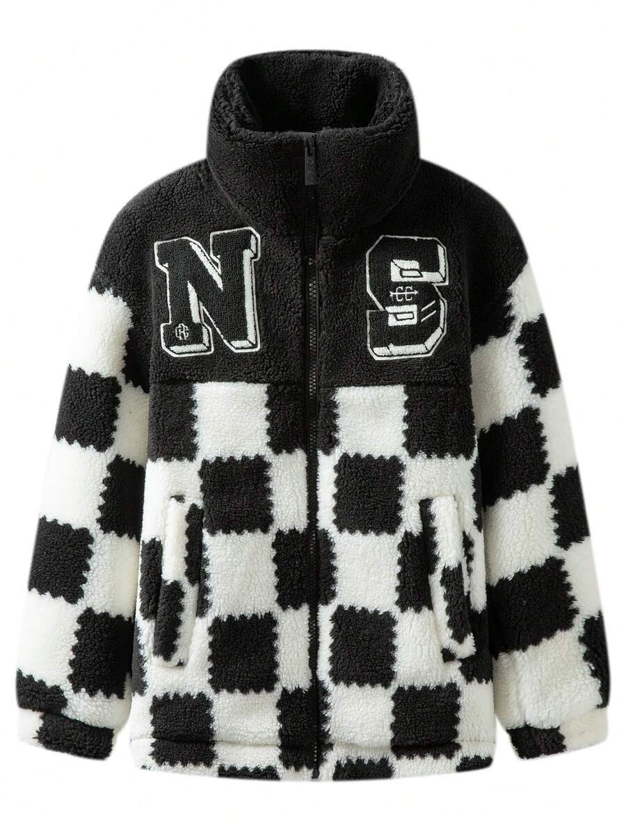 男士棋盤格圖案字母貼布落肩袖絨毛羽絨服 - 黑與白 - 查看 1