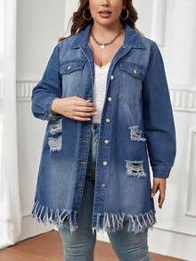 SHEIN Essnce Plus Ripped Fringe Hem Denim Jacket - Medium Wash - View 4