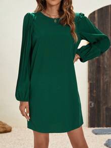 SHEIN LUNE Solid Lantern Sleeve Tunic Dress - Dark Green - View 1