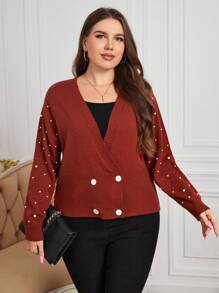 SHEIN Clasi 休閒珠子 雙排釦 珍珠純色大碼開衫 - 鏽棕色 - 查看 1