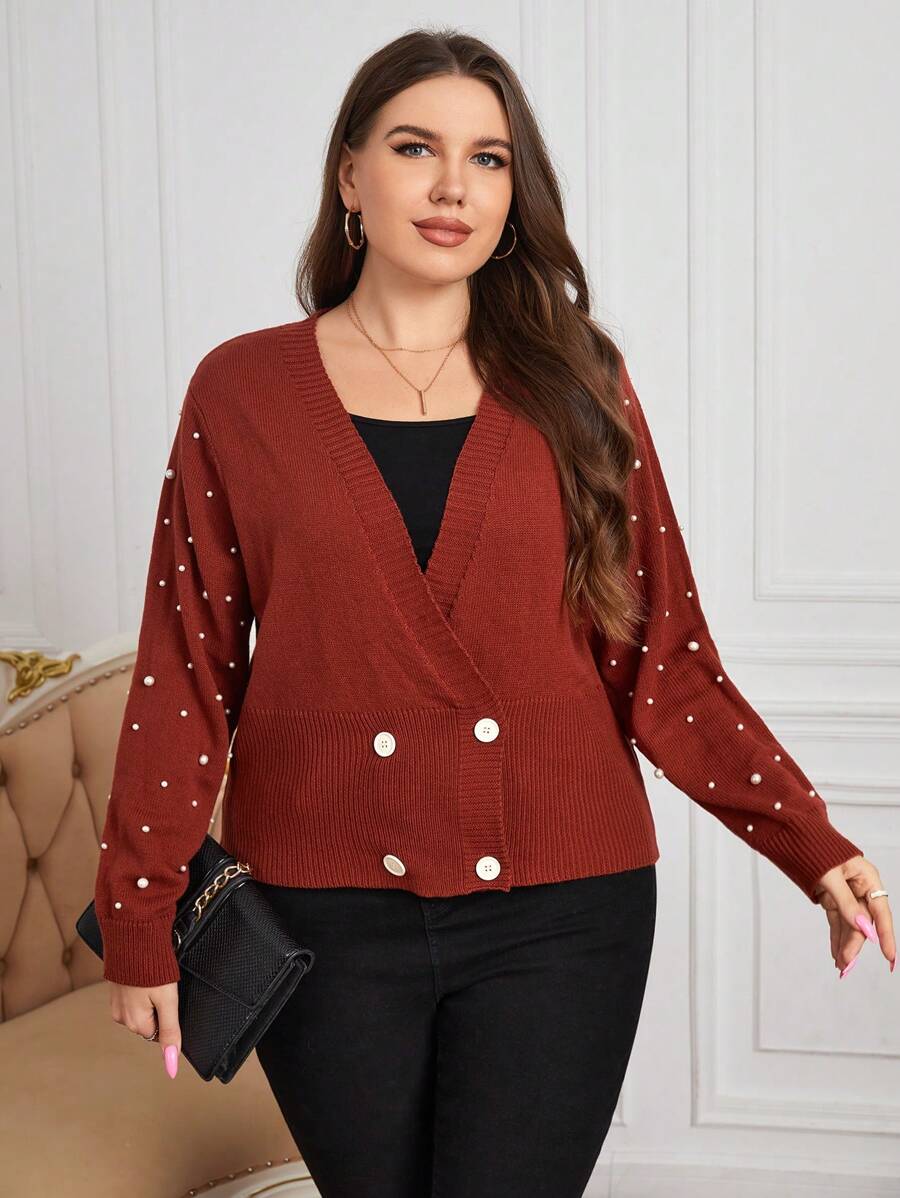 SHEIN Clasi 休閒珠子 雙排釦 珍珠純色大碼開衫 - 鏽棕色 - 查看 1