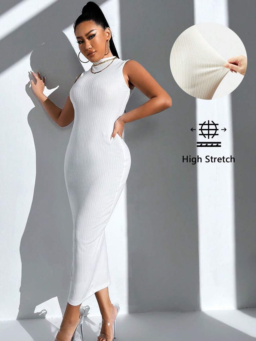 SHEIN SXY Mock Neck Ribbed Knit Tank Dress - White - View 1