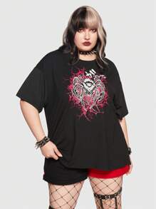 ROMWE Anime 大碼蜘蛛印花落肩T恤 - 黑色 - 查看 4