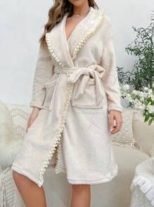 Viền rìa Thắt lưng Flannel ÁO choàng mặc nhà - Màu be - Xem 3