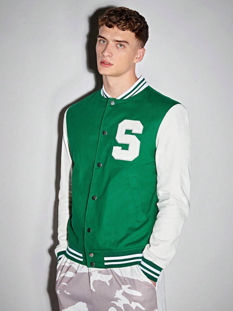 Men Letter Patched Striped Trim Colorblock Varsity Jacket