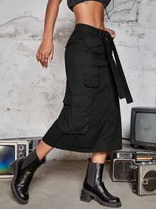 Y2K Flap Pocket Split Back Belted Cargo Skirt - Black - View 3