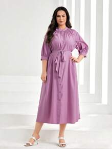 Seusyu Plus Ruched Belted Shirt Dress - Lilac Purple - View 4