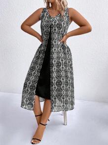 SHEIN LUNE Đầm Maxi In Hoa Toàn Thân Cho Nữ - Đen và trắng - Xem 5