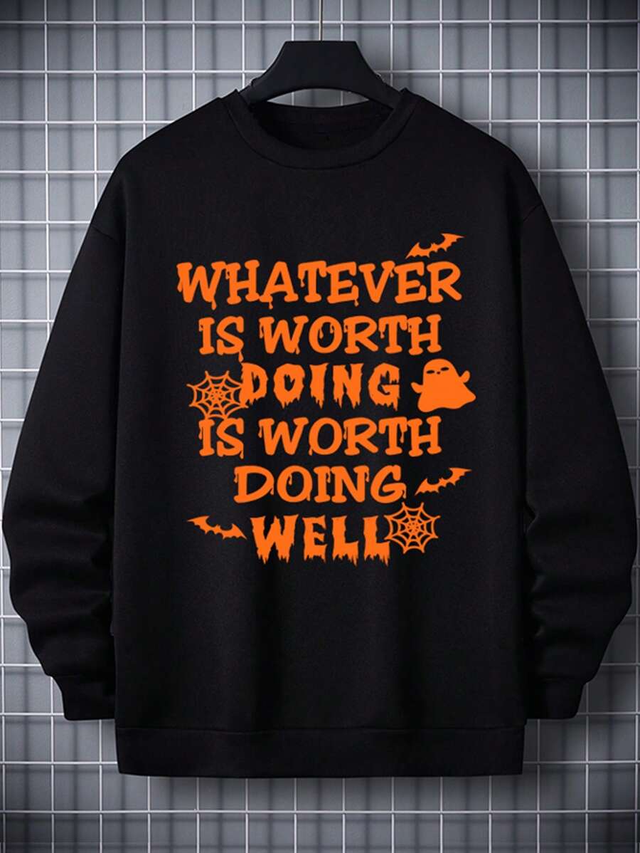 Manfinity Homme Men Halloween Bat & Slogan Graphic Sweatshirt - Black - View 1