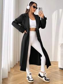 SHEIN EZwear 西裝領腰帶風衣外套 - 黑色 - 查看 4