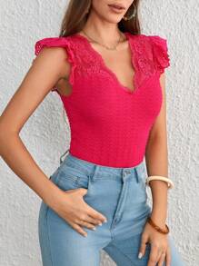 SHEIN VCAY Camiseta con encaje en contraste schiffy ribete con fruncido con textura - Rosa Fucsia - Ver 5