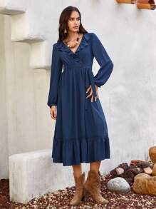 Bohemela Ruffle Trim Ruffle Hem Dress - Blue - View 3