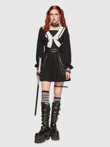 ROMWE J-Fashion 水手領百褶下擺洋裝不附腰帶 - 黑色 - 查看 1