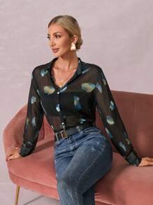SHEIN Clasi Camisa con estampado de dibujo con botón delantero sin sujetador - Negro - Ver 6