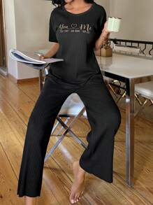 RueChic Letter Graphic Rib-knit Lounge Set - Black - View 3