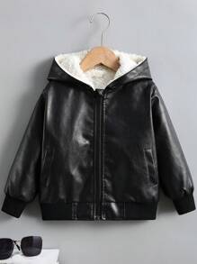 男小童拉鏈開襟毛絨內襯連帽夾克 - 黑色 - 查看 1